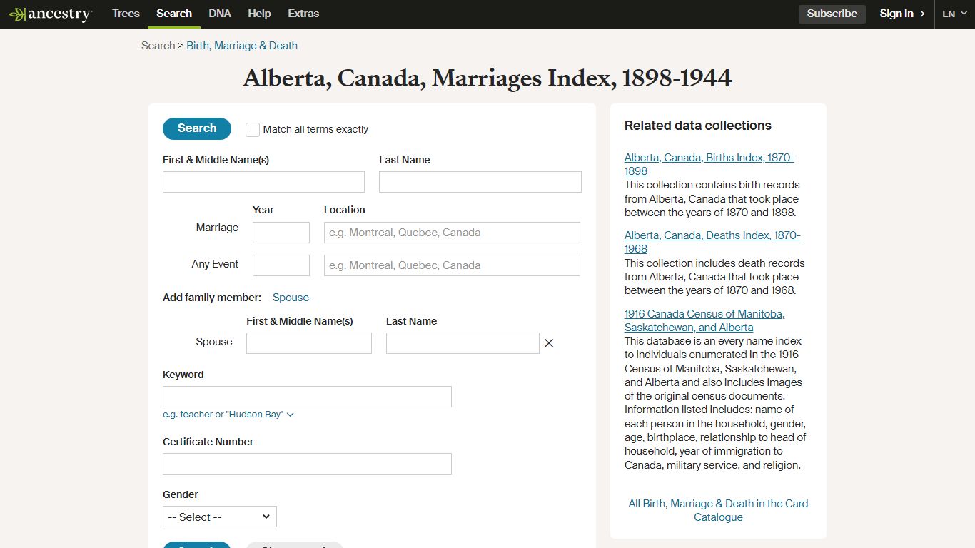 Alberta, Canada, Marriages Index, 1898-1944 - Ancestry